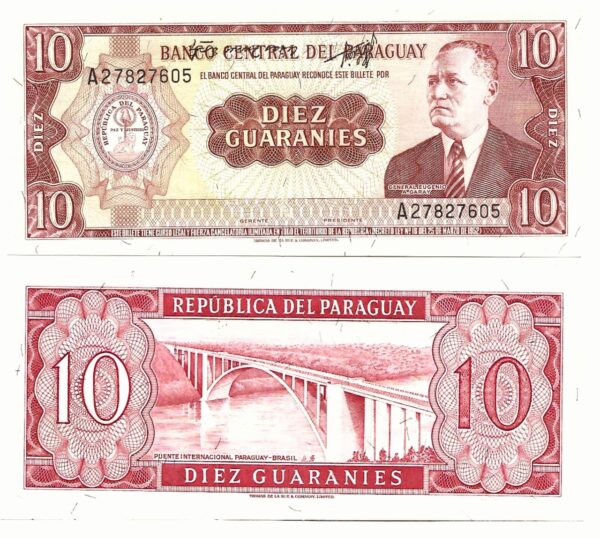 Billete Paraguay 10 Guaraníes c/ Error Firmas Arriba Invertidas